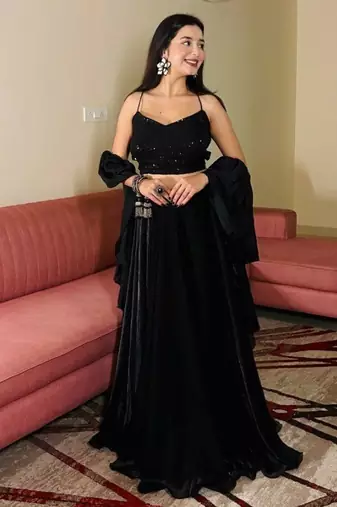 Black Sequin Work Soft Georgette Fendi Crush Lehenga with Chinnon Dupatta,Elegant Partywear Set with Stitched Blouse