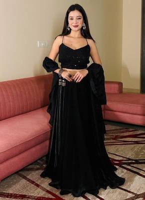 Black Sequin Work Soft Georgette Fendi Crush Lehenga with Chinnon Dupatta,Elegant Partywear Set with Stitched Blouse 4