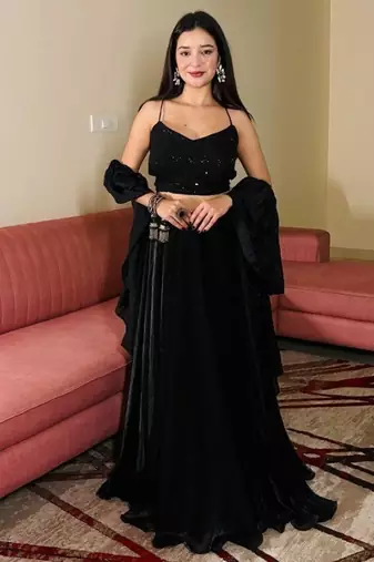 Black Sequin Work Soft Georgette Fendi Crush Lehenga with Chinnon Dupatta,Elegant Partywear Set with Stitched Blouse