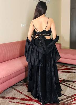 Black Sequin Work Soft Georgette Fendi Crush Lehenga with Chinnon Dupatta,Elegant Partywear Set with Stitched Blouse 5