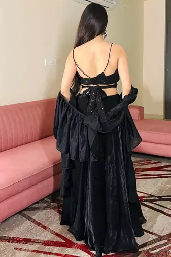 Black Sequin Work Soft Georgette Fendi Crush Lehenga with Chinnon Dupatta,Elegant Partywear Set with Stitched Blouse