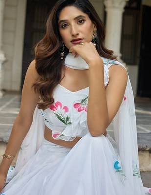White Hand-Painted Floral Work Soft Georgette Lehenga Choli with Designer Blouse, Ethnic Style Festive Wear 5