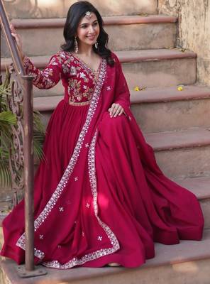 Pink Faux Blooming Designer Gown with Heavy Zari   Sequins Embroidery & Matching Sequins Dupatta 1