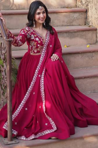 Pink Faux Blooming Designer Gown with Heavy Zari   Sequins Embroidery & Matching Sequins Dupatta