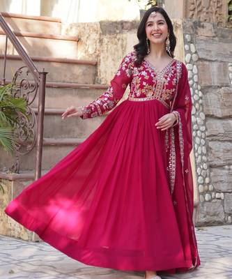 Pink Faux Blooming Designer Gown with Heavy Zari   Sequins Embroidery & Matching Sequins Dupatta 3