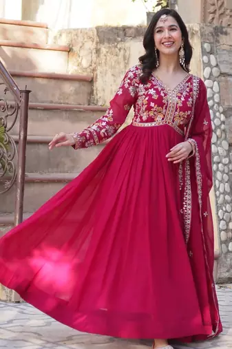 Pink Faux Blooming Designer Gown with Heavy Zari   Sequins Embroidery & Matching Sequins Dupatta