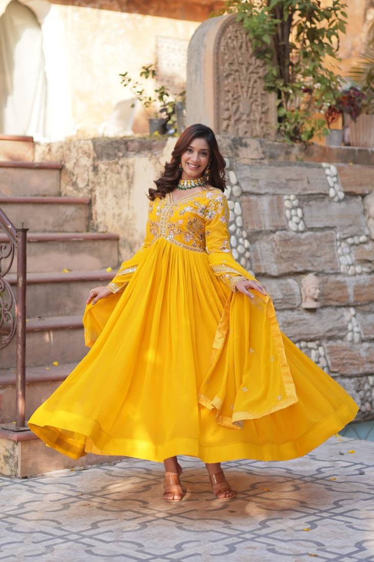 Yellow Faux Blooming Embroidered Gown with Heavy Zari   Sequins Work & Matching Sequins Dupatta