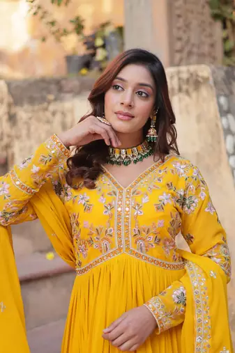 Yellow Faux Blooming Embroidered Gown with Heavy Zari   Sequins Work & Matching Sequins Dupatta