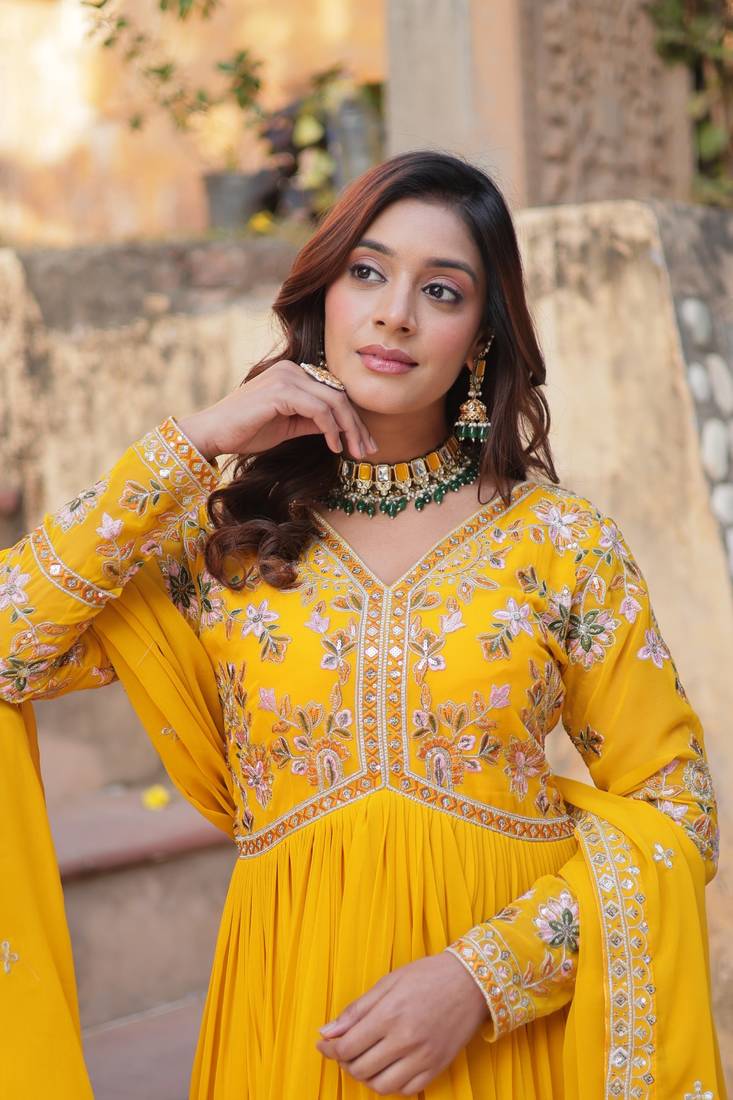 Yellow Faux Blooming Embroidered Gown with Heavy Zari   Sequins Work & Matching Sequins Dupatta
