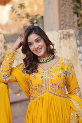 Yellow Faux Blooming Embroidered Gown with Heavy Zari   Sequins Work & Matching Sequins Dupatta 3