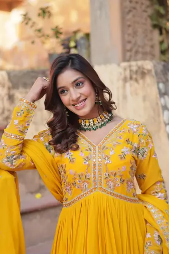 Yellow Faux Blooming Embroidered Gown with Heavy Zari   Sequins Work & Matching Sequins Dupatta