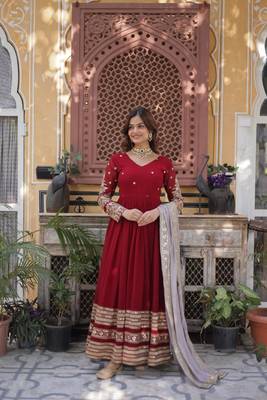 Red Faux Blooming Designer Gown with Heavy Sequins Embroidery & Matching Sequins Dupatta 1