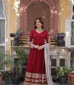 Red Faux Blooming Designer Gown with Heavy Sequins Embroidery & Matching Sequins Dupatta