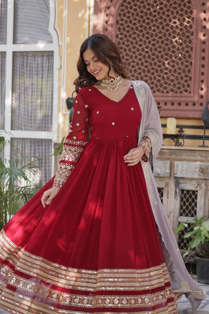 Red Faux Blooming Designer Gown with Heavy Sequins Embroidery & Matching Sequins Dupatta