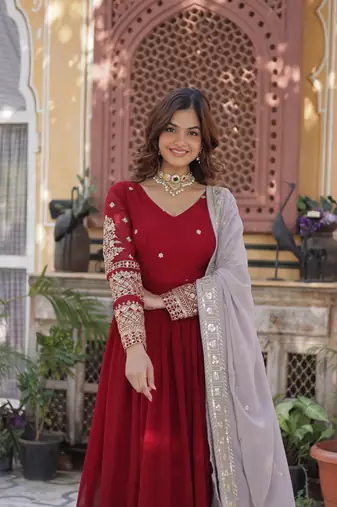 Red Faux Blooming Designer Gown with Heavy Sequins Embroidery & Matching Sequins Dupatta