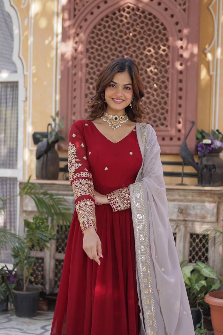 Red Faux Blooming Designer Gown with Heavy Sequins Embroidery & Matching Sequins Dupatta