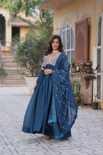 Mor Pich Star Georgette Designer Gown with Embroidery & Sequins Dupatta