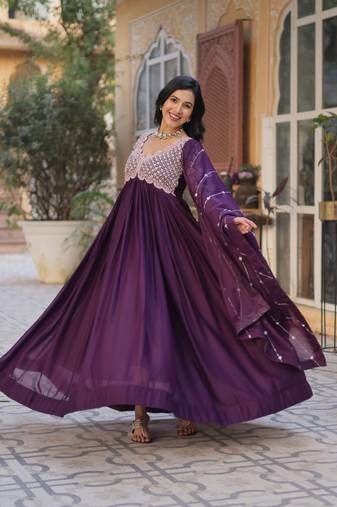 Wine Star Georgette Designer Gown with Heavy Embroidery & Matching Sequins Dupatta