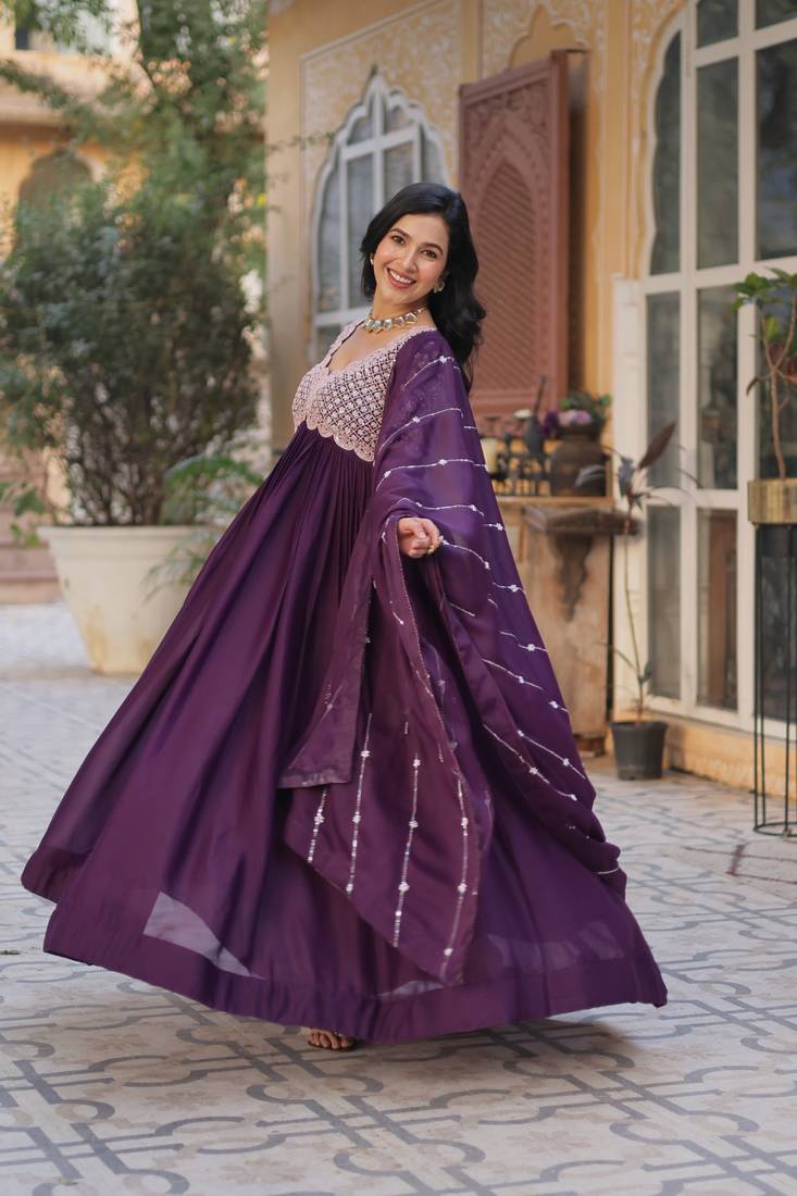 Wine Star Georgette Designer Gown with Heavy Embroidery & Matching Sequins Dupatta