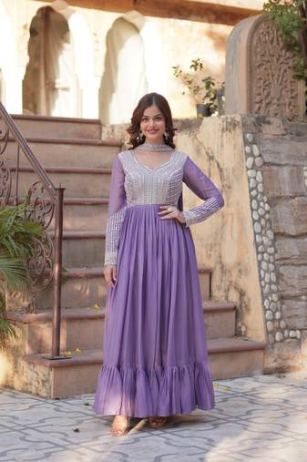 Lavender Star Georgette Beads & Sequins Embroidered Designer Gown for Party & Wedding Wear