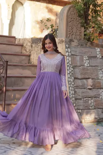Lavender Star Georgette Beads & Sequins Embroidered Designer Gown for Party & Wedding Wear