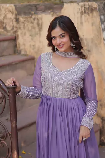 Lavender Star Georgette Beads & Sequins Embroidered Designer Gown for Party & Wedding Wear