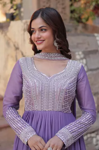 Lavender Star Georgette Beads & Sequins Embroidered Designer Gown for Party & Wedding Wear