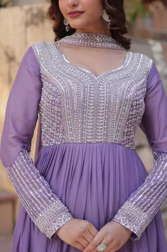 Lavender Star Georgette Beads & Sequins Embroidered Designer Gown for Party & Wedding Wear