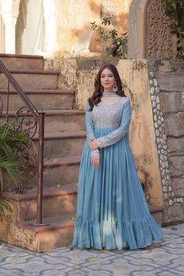 Sky Blue Star Georgette Beads & Sequins Embroidered Designer Gown 1