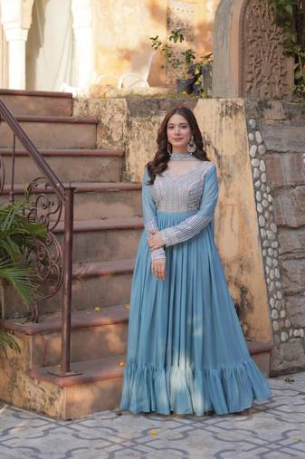 Sky Blue Star Georgette Beads & Sequins Embroidered Designer Gown