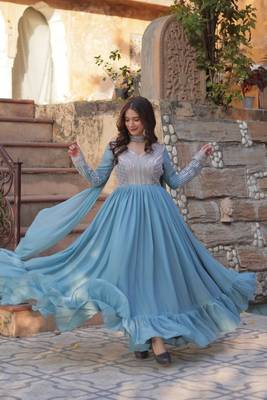 Sky Blue Star Georgette Beads & Sequins Embroidered Designer Gown 2