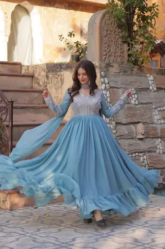 Sky Blue Star Georgette Beads & Sequins Embroidered Designer Gown