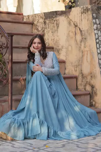 Sky Blue Star Georgette Beads & Sequins Embroidered Designer Gown