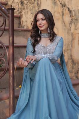 Sky Blue Star Georgette Beads & Sequins Embroidered Designer Gown 4