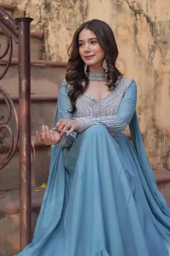 Sky Blue Star Georgette Beads & Sequins Embroidered Designer Gown