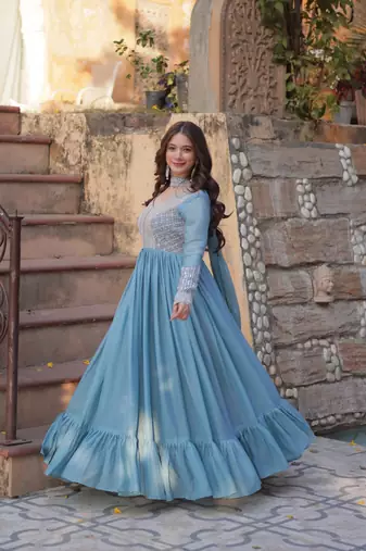 Sky Blue Star Georgette Beads & Sequins Embroidered Designer Gown