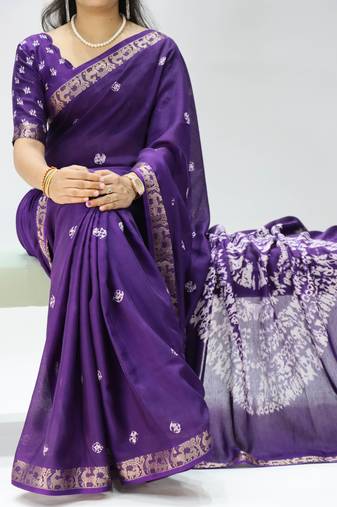 purple color shibori printed mull jacquard saree with unstitched blouse