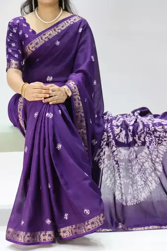 purple color shibori printed mull jacquard saree with unstitched blouse