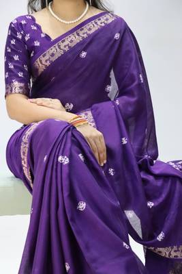 purple color shibori printed mull jacquard saree with unstitched blouse 2