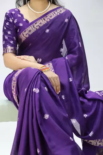 purple color shibori printed mull jacquard saree with unstitched blouse
