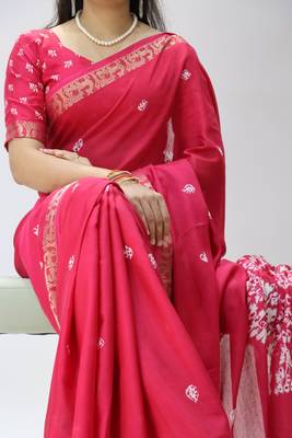rani color shibori printed mull jacquard saree with unstitched blouse 1