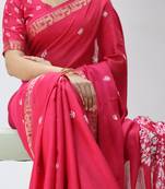 rani color shibori printed mull jacquard saree with unstitched blouse