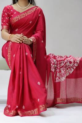 rani color shibori printed mull jacquard saree with unstitched blouse 2