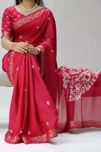 rani color shibori printed mull jacquard saree with unstitched blouse