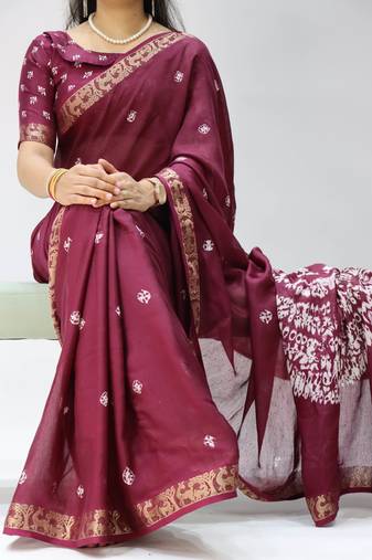 wine color shibori printed mull jacquard saree with unstitched blouse