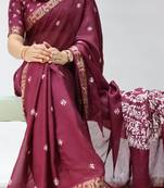 wine color shibori printed mull jacquard saree with unstitched blouse