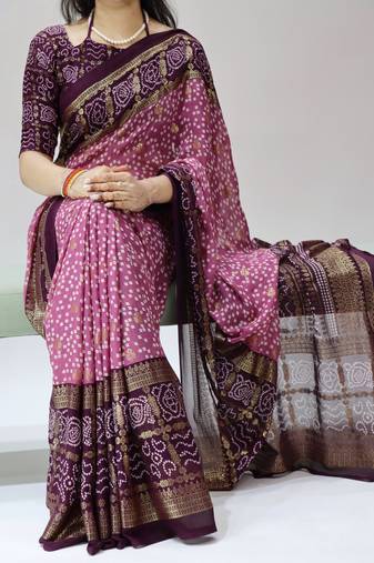 Wine Color Bandhni Printed With Foil Work Moss Art Silk Saree With Unstitched Blouse