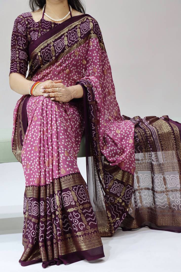 Wine Color Bandhni Printed With Foil Work Moss Art Silk Saree With Unstitched Blouse