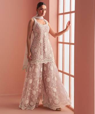 Mauve embroidery & sequins net straight palazzo suit- free size stitched(size upto 42") 1