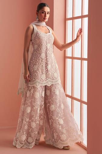 Mauve embroidery & sequins net straight  palazzo  suit- free size stitched(size upto 42")